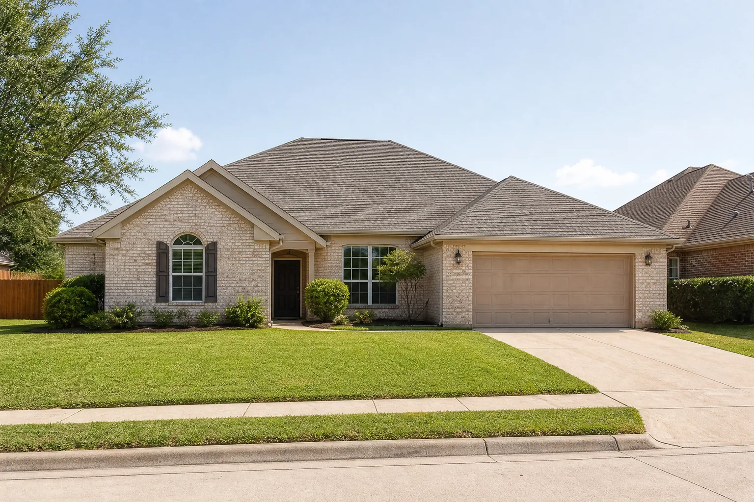 A single story brick family home in daylight.